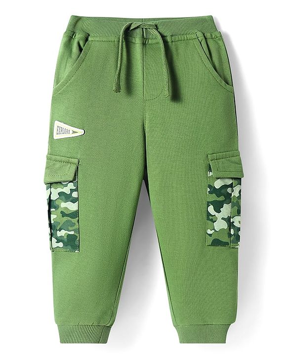 Babyhug Cotton Terry Full Length Jogger Fit Lounge Pant with Ribbed Waist & Camo Print Pockets - Green