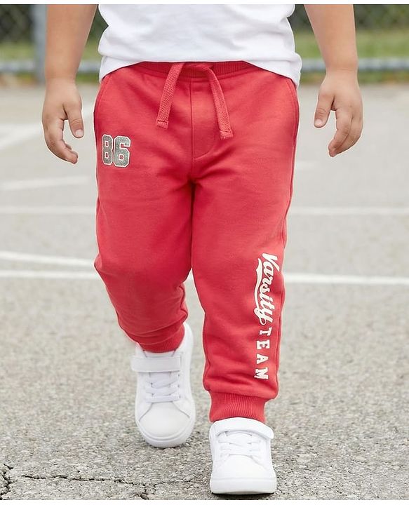Babyhug Cotton Looper Knit Full Length Lounge Pant with Text Print - Red