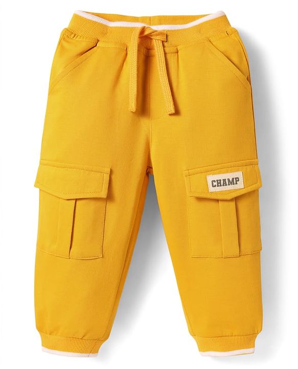 Babyhug Cotton Looper Knit Full Length Lounge Pant With Patch Detailing & Cargo Pockets - Yellow