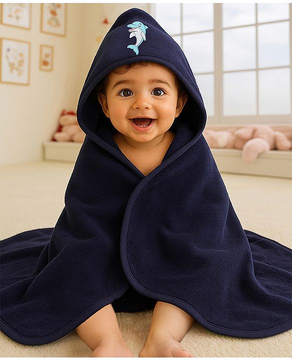 Babyhug Terry Cotton Knit Hooded Towel with Dolphin Patch L 76 x B 76 cm - Navy Blue