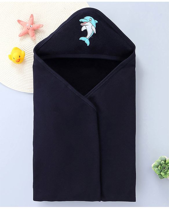 Babyhug Terry Cotton Knit Hooded Towel with Dolphin Patch L 76 x B 76 cm - Navy Blue
