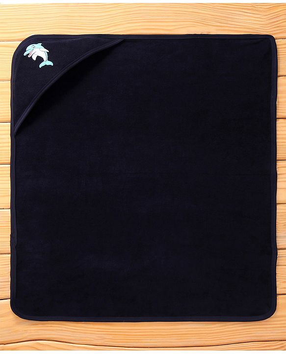 Babyhug Terry Cotton Knit Hooded Towel with Dolphin Patch L 76 x B 76 cm - Navy Blue