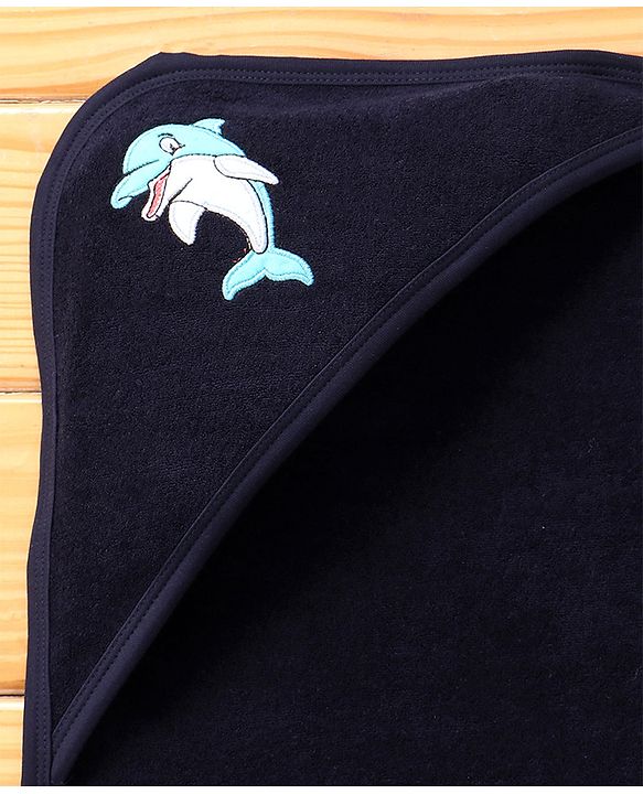 Babyhug Terry Cotton Knit Hooded Towel with Dolphin Patch L 76 x B 76 cm - Navy Blue
