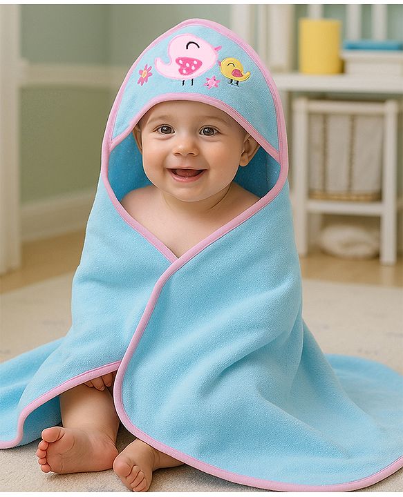 Babyhug Terry Knit Hooded Towel with Bird Embroidery & Polka Dot Print L 76.2 x B 76.2 cm - Light Blue