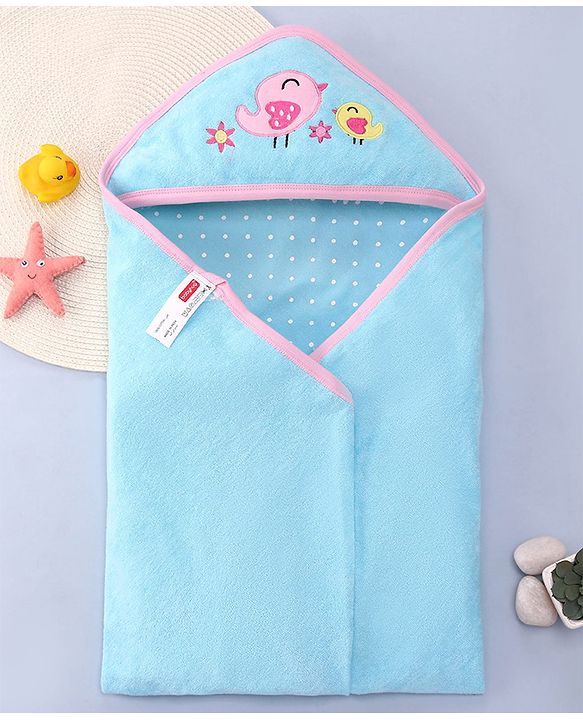 Babyhug Terry Knit Hooded Towel with Bird Embroidery & Polka Dot Print L 76.2 x B 76.2 cm - Light Blue