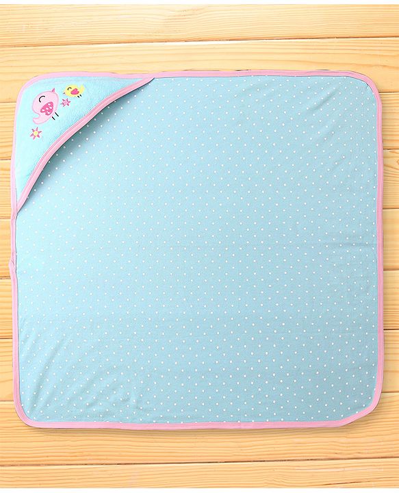 Babyhug Terry Knit Hooded Towel with Bird Embroidery & Polka Dot Print L 76.2 x B 76.2 cm - Light Blue