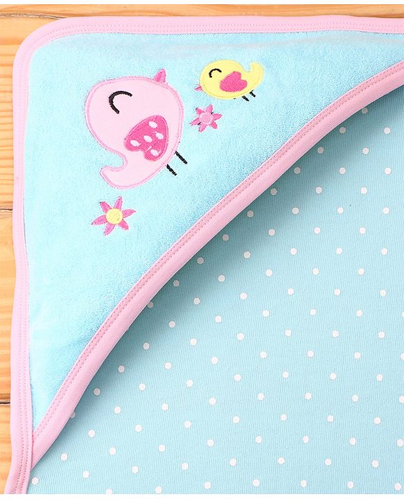 Babyhug Terry Knit Hooded Towel with Bird Embroidery & Polka Dot Print L 76.2 x B 76.2 cm - Light Blue