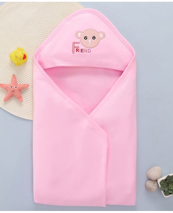 Babyhug Cotton Interlock Knit Hooded Towel with Bear Print L 76.2 x B 76.2 cm - Pink