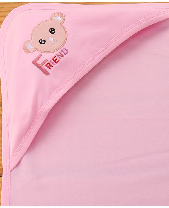Babyhug Cotton Interlock Knit Hooded Towel with Bear Print L 76.2 x B 76.2 cm - Pink