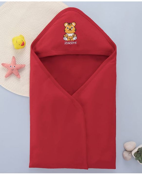 Babyhug Cotton Interlock Knit Hooded Towel with Tiger Print L 76.2 x B 76.2 cm - Red