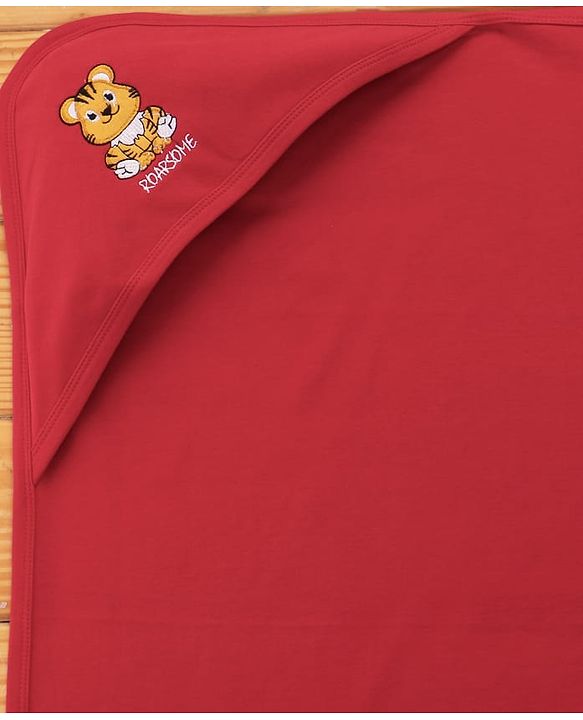 Babyhug Cotton Interlock Knit Hooded Towel with Tiger Print L 76.2 x B 76.2 cm - Red