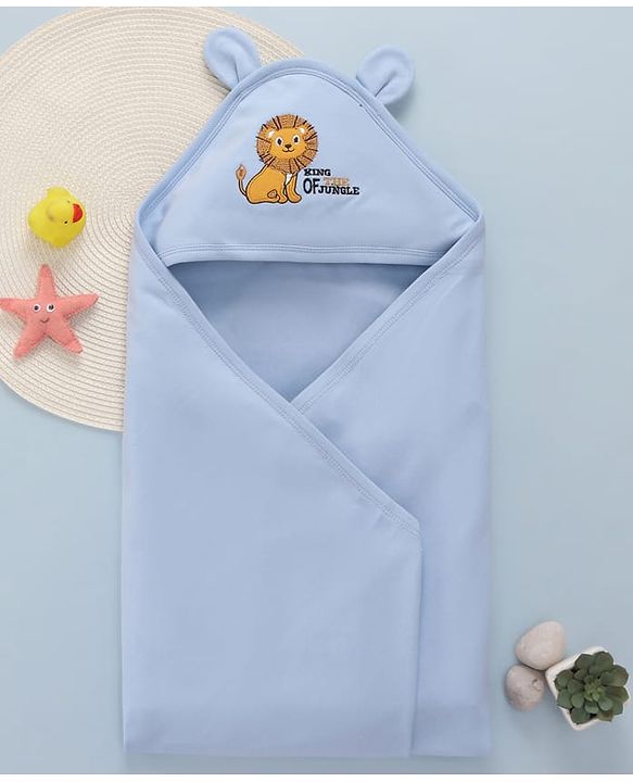 Babyhug Cotton Interlock Knit Hooded Towel with Lion Print L 76.2 x B 76.2 cm - Light Blue