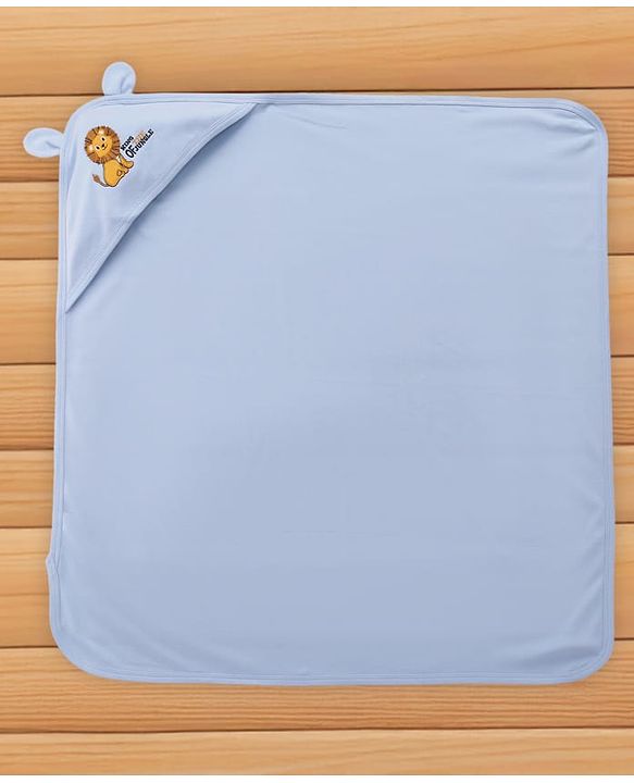 Babyhug Cotton Interlock Knit Hooded Towel with Lion Print L 76.2 x B 76.2 cm - Light Blue