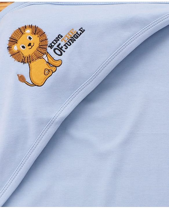 Babyhug Cotton Interlock Knit Hooded Towel with Lion Print L 76.2 x B 76.2 cm - Light Blue