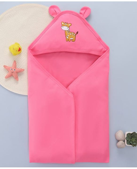 Babyhug Cotton Interlock Knit Hooded Towel with Giraffe Print L 76.2 x B 76.2 cm - Pink