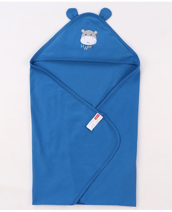 Babyhug Cotton Interlock Knit Hooded Towel with Hippo Print L 76.2 x B 76.2 cm - Light Blue