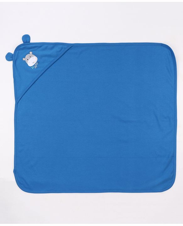 Babyhug Cotton Interlock Knit Hooded Towel with Hippo Print L 76.2 x B 76.2 cm - Light Blue