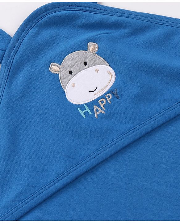 Babyhug Cotton Interlock Knit Hooded Towel with Hippo Print L 76.2 x B 76.2 cm - Light Blue