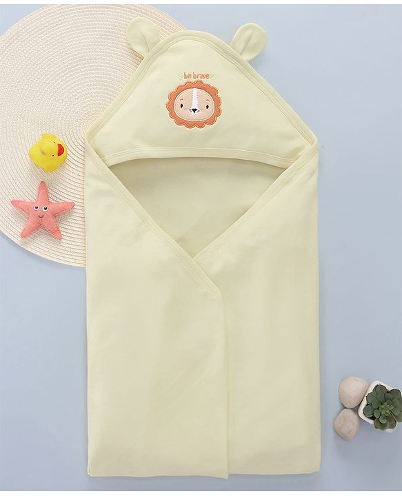 Babyhug Cotton Interlock Knit Hooded Towel with Lion Print L 76.2 x B 76.2 cm - Yellow