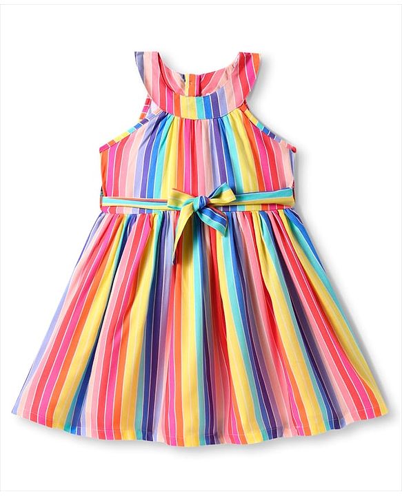Babyhug Cotton Woven Sleeveless Striped Dress With Bow Applique - Multicolor