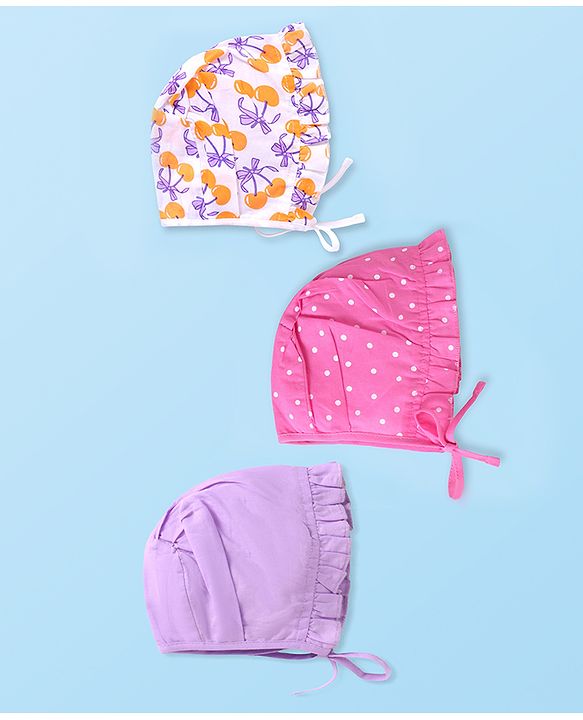 Babyhug 100% Cotton Woven Caps with Cherry & Polka Dots Print Pack of 3 Dark Pink White & Purple - Diameter 15 cm