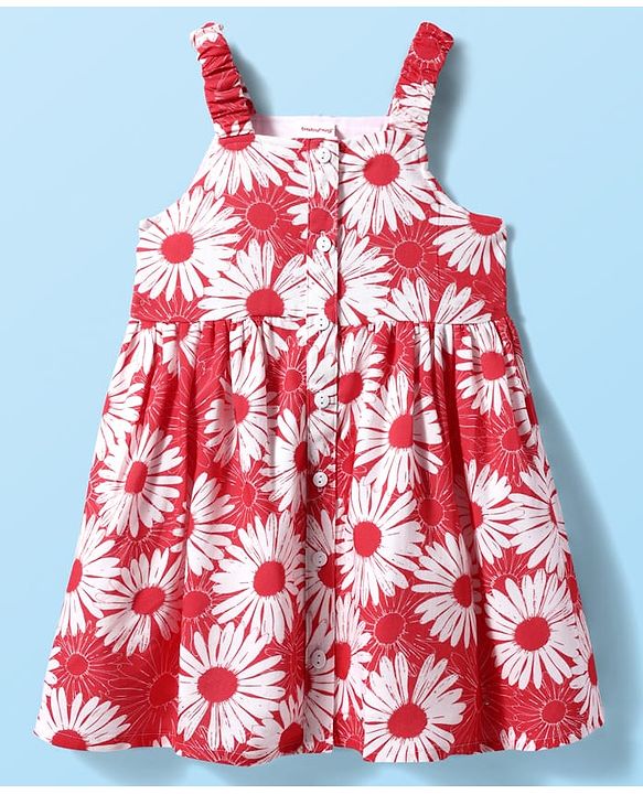 Babyhug Cotton Woven Sleeveless Front Open Frock with Floral Print - Red