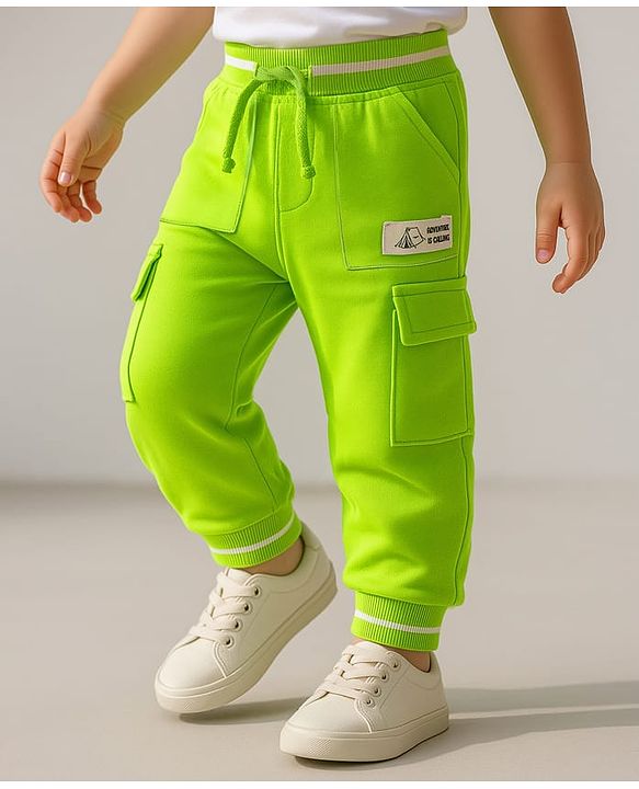 Babyhug Cotton Looper Knit Full Length Solid Lounge Pant With Cargo Pockets - Lime Green