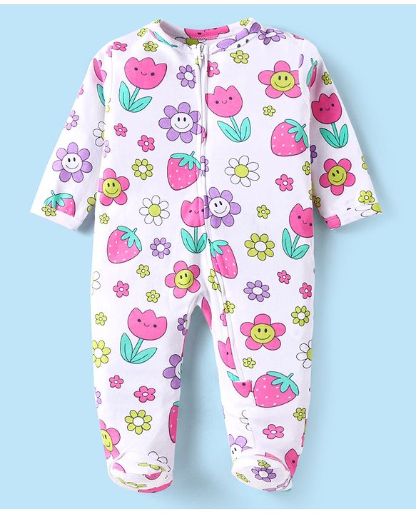 Babyhug Cotton Knit Full Sleeves Footed Sleep Suit With Floral & Fruit Print - White