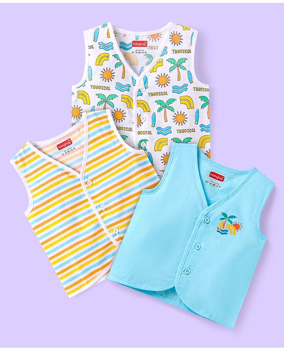 Babyhug Cotton Sleeveless Front Open Jhabla with Stripes & Beach Print Pack of 3 - Light Blue