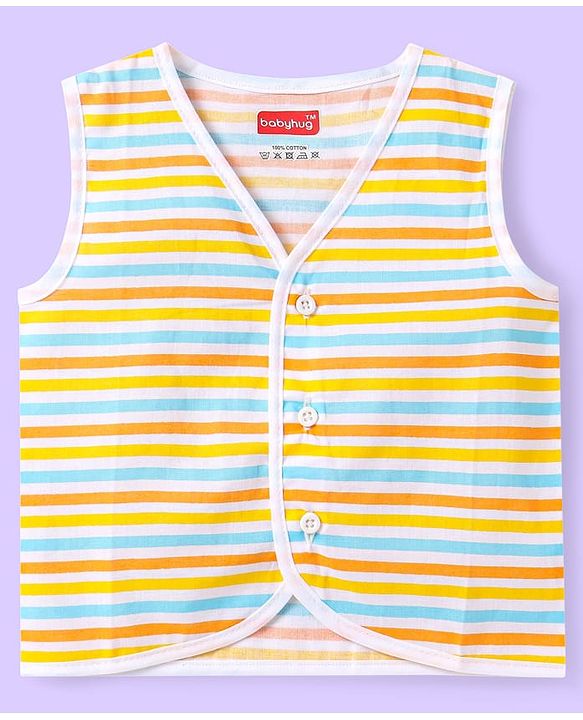 Babyhug Cotton Sleeveless Front Open Jhabla with Stripes & Beach Print Pack of 3 - Light Blue