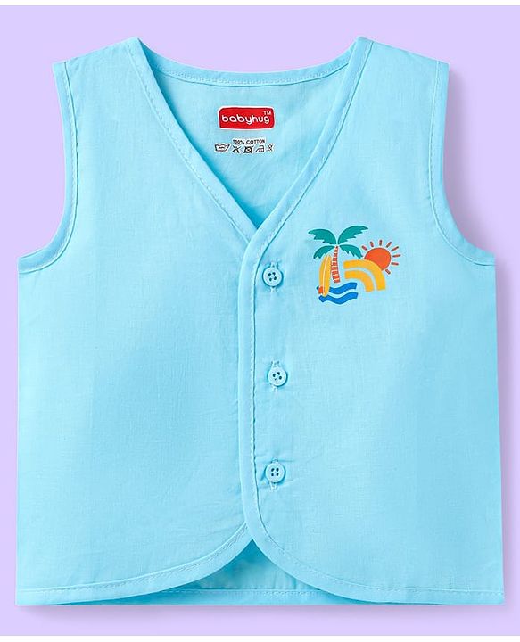 Babyhug Cotton Sleeveless Front Open Jhabla with Stripes & Beach Print Pack of 3 - Light Blue