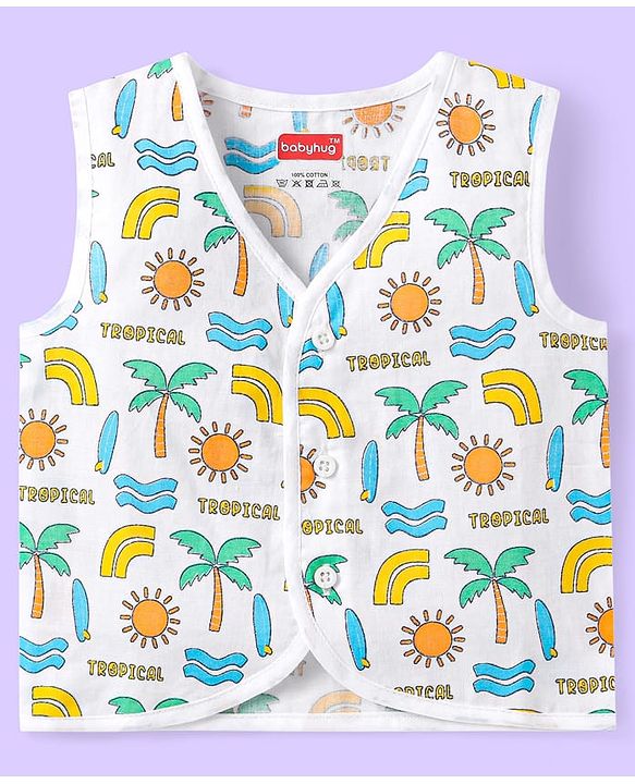 Babyhug Cotton Sleeveless Front Open Jhabla with Stripes & Beach Print Pack of 3 - Light Blue