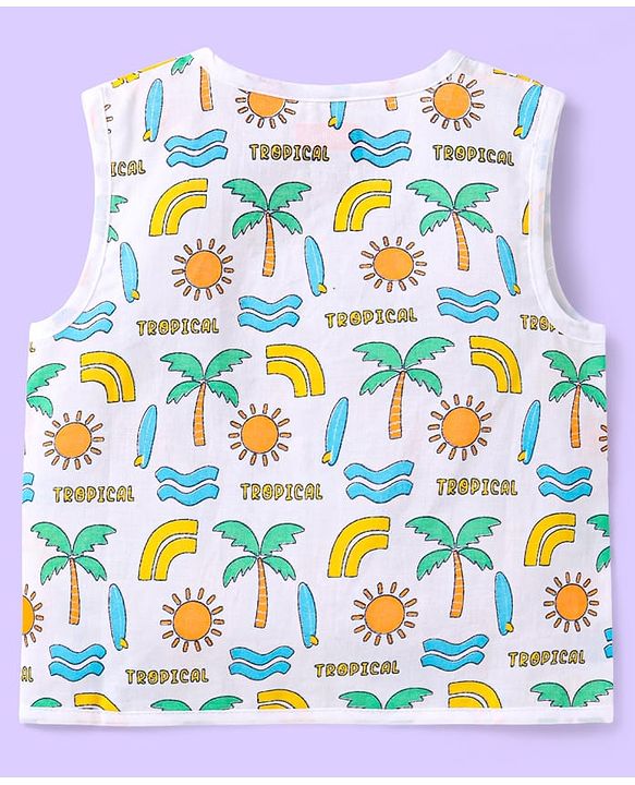 Babyhug Cotton Sleeveless Front Open Jhabla with Stripes & Beach Print Pack of 3 - Light Blue