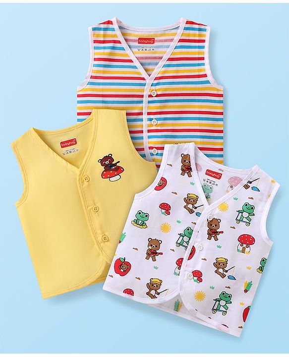 Babyhug 100% Cotton Woven Sleeveless Jhablas with Bear Print & Stripes Pack of 3 - Yellow & White