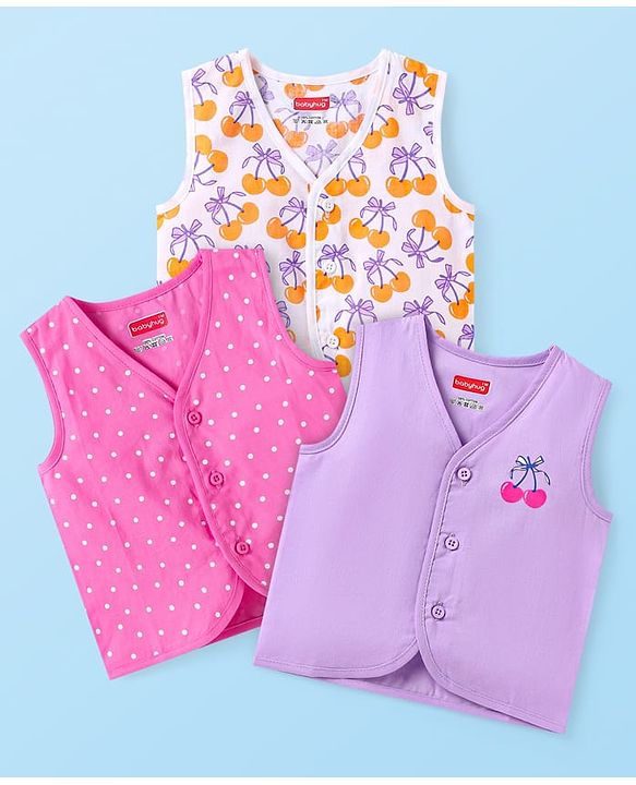 Babyhug Cotton Front Open Jhabla with Polka Dots & Fruits Pack of 3 - Plum