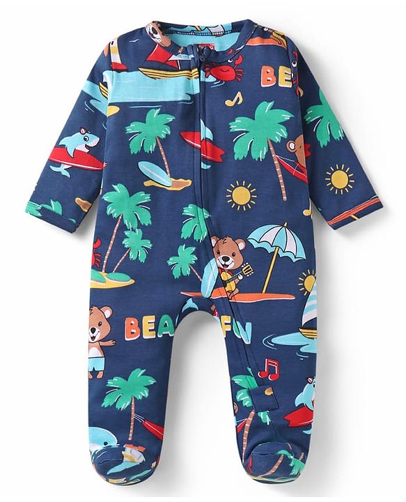 Babyhug Cotton Knit Full Sleeves Footed Sleepsuit with Animal Print - Navy Blue