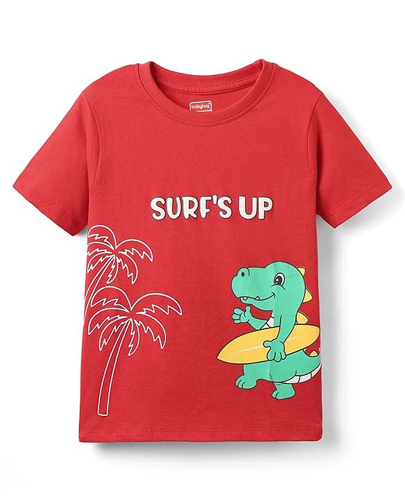 Babyhug Cotton Knit Half Sleeves  T-Shirt with Beach Theme Print - Red