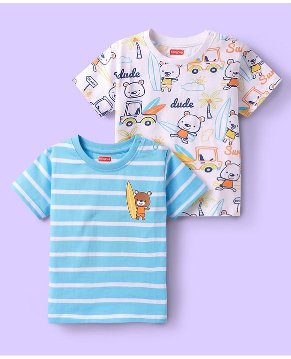 Babyhug Cotton Knit  Half Sleeves T-Shirts with Stripes & Animal Print Pack of 2 - Light Blue
