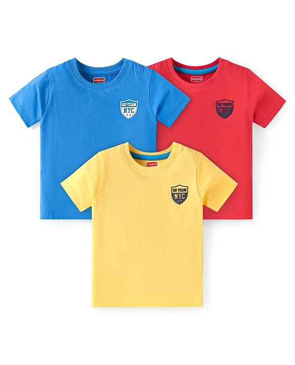 Babyhug Cotton Knit Half Sleeves T-Shirts with Text Print Pack of 3 - Red Blue & Yellow