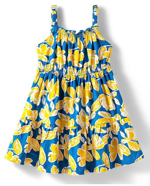 Babyhug Single Jersey Knit Sleeveless Frock with Floral Print - Blue