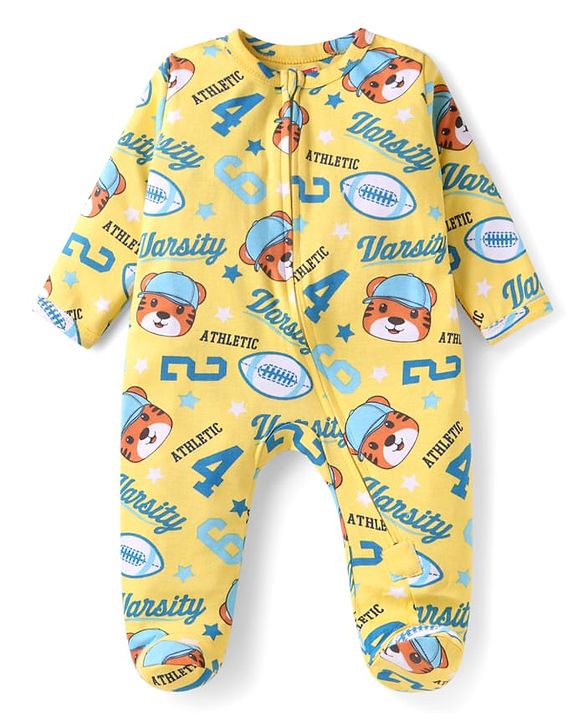 Babyhug Cotton Knit Full Sleeves Footed Sleepsuit with Animal Print - Yellow