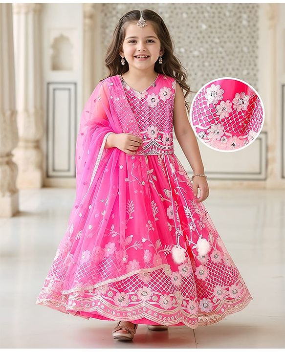 Babyhug Net Sleeveless Floral Sequin Designed Choli & Lehenga with Dupatta Set - Pink