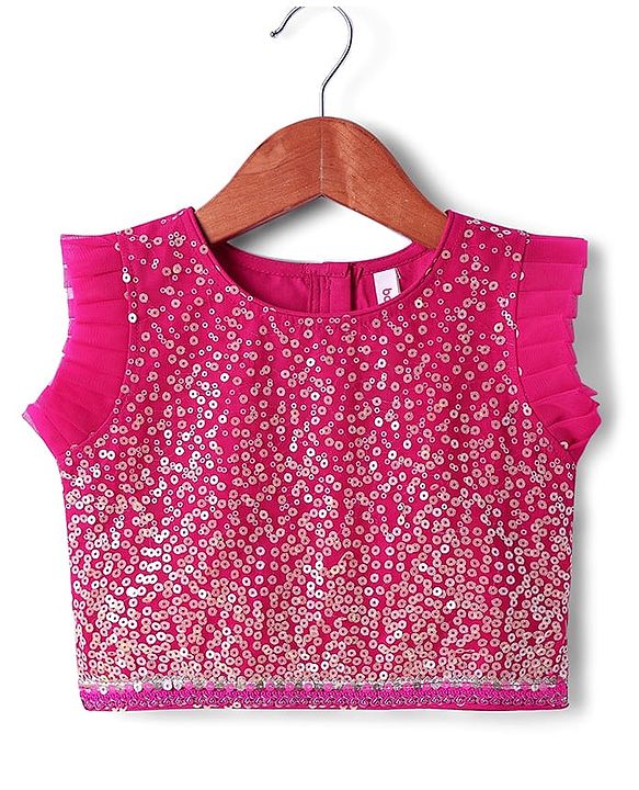 Babyhug Woven Sleeveless Lehenga Choli Set And Dupatta With Sequinned Embroidery & Lace Detailing - Dark Pink