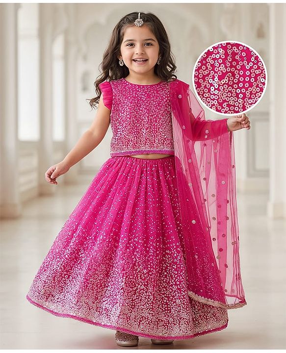 Babyhug Woven Sleeveless Lehenga Choli Set And Dupatta With Sequinned Embroidery & Lace Detailing - Dark Pink