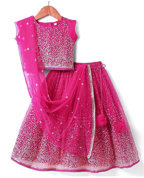 Babyhug Woven Sleeveless Lehenga Choli Set And Dupatta With Sequinned Embroidery & Lace Detailing - Dark Pink