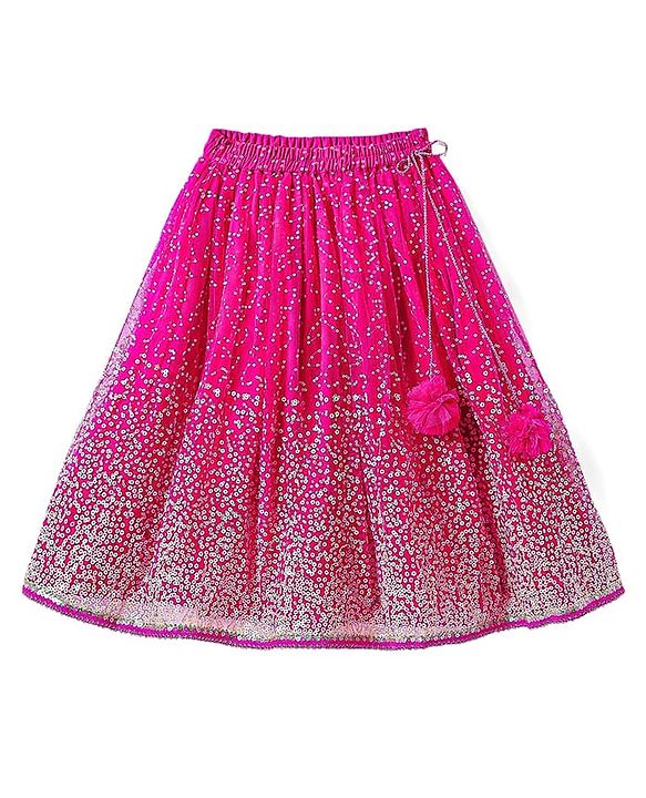 Babyhug Woven Sleeveless Lehenga Choli Set And Dupatta With Sequinned Embroidery & Lace Detailing - Dark Pink