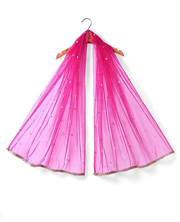 Babyhug Woven Sleeveless Lehenga Choli Set And Dupatta With Sequinned Embroidery & Lace Detailing - Dark Pink