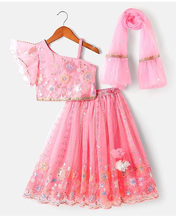 Babyhug Net Woven Off Shoulder Floral Sequenced Embroidered Choli Lehenga Set With and Dupatta - Pink