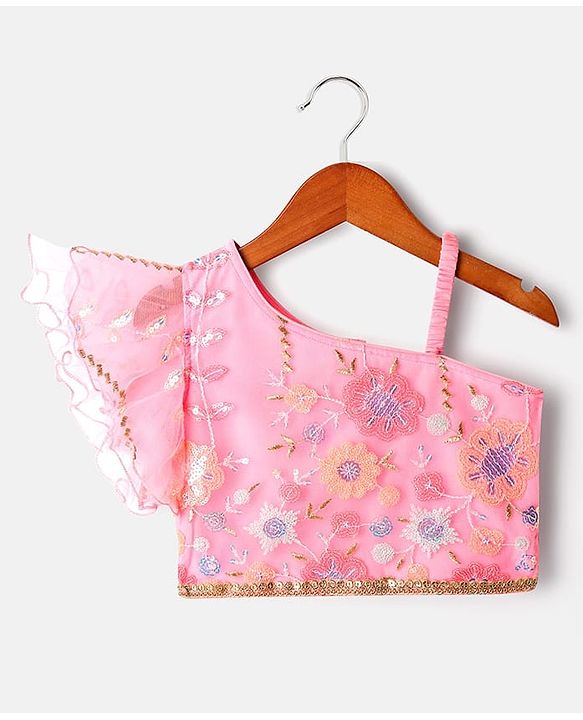 Babyhug Net Woven Off Shoulder Floral Sequenced Embroidered Choli Lehenga Set With and Dupatta - Pink