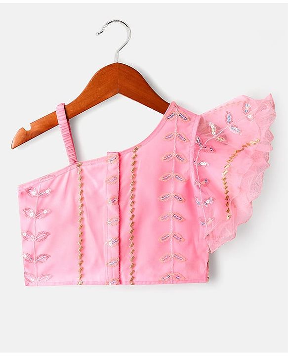 Babyhug Net Woven Off Shoulder Floral Sequenced Embroidered Choli Lehenga Set With and Dupatta - Pink